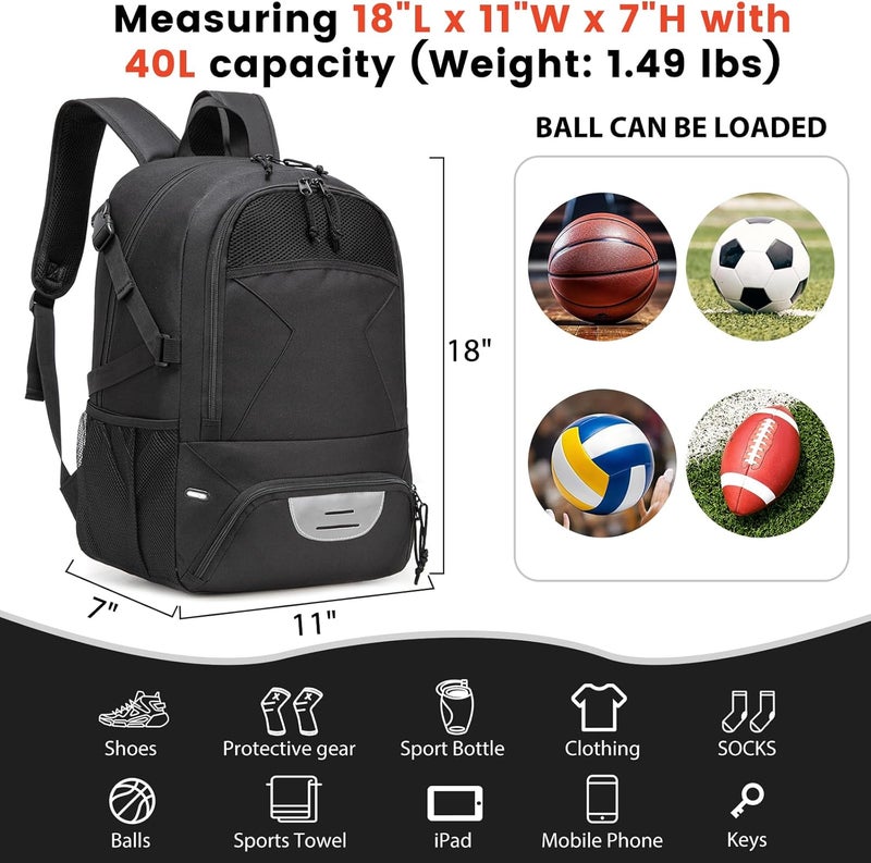 RTRYALN Basketball Backpack - Large Sports Equipment Bag with Ball Holder & Shoe Compartment for Basketball. (black) - Image 3
